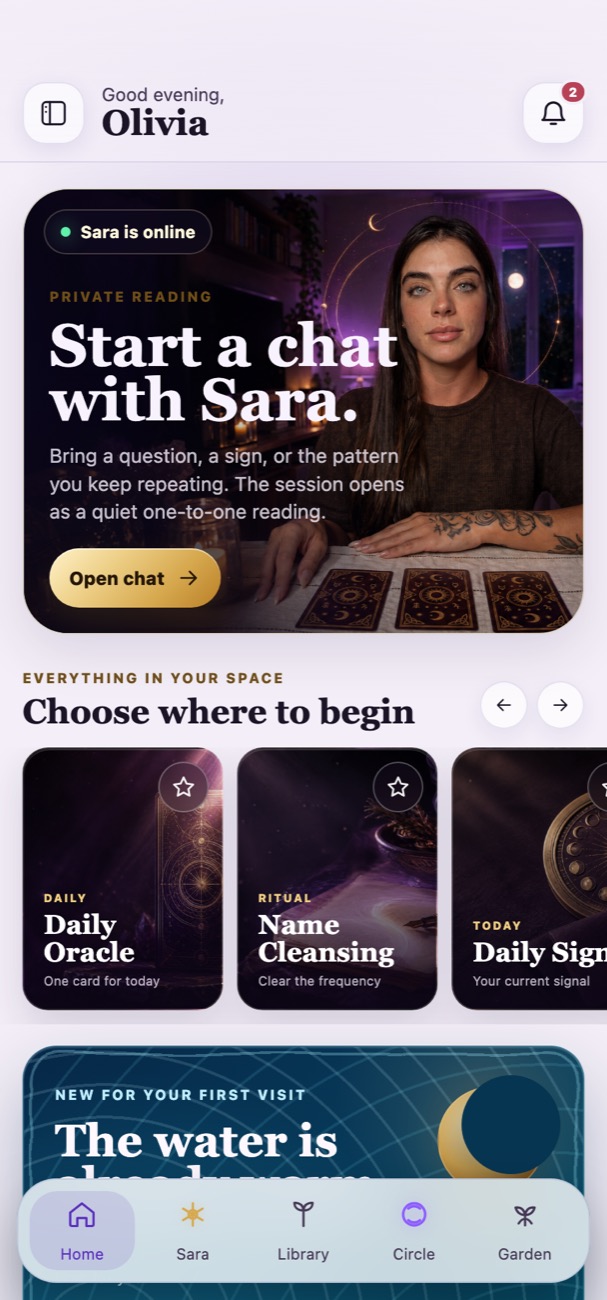 The app home screen, with Sara online at the top